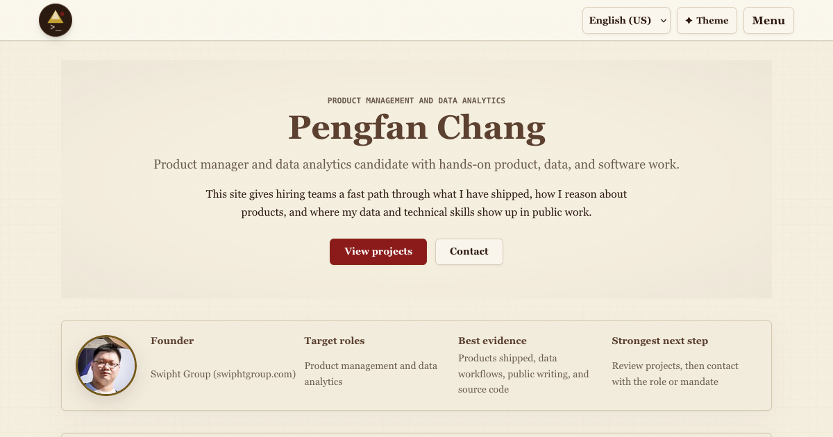 Screenshot of the jpfchang.org homepage showing Pengfan Chang, product management and data analytics copy, and project/contact calls to action.