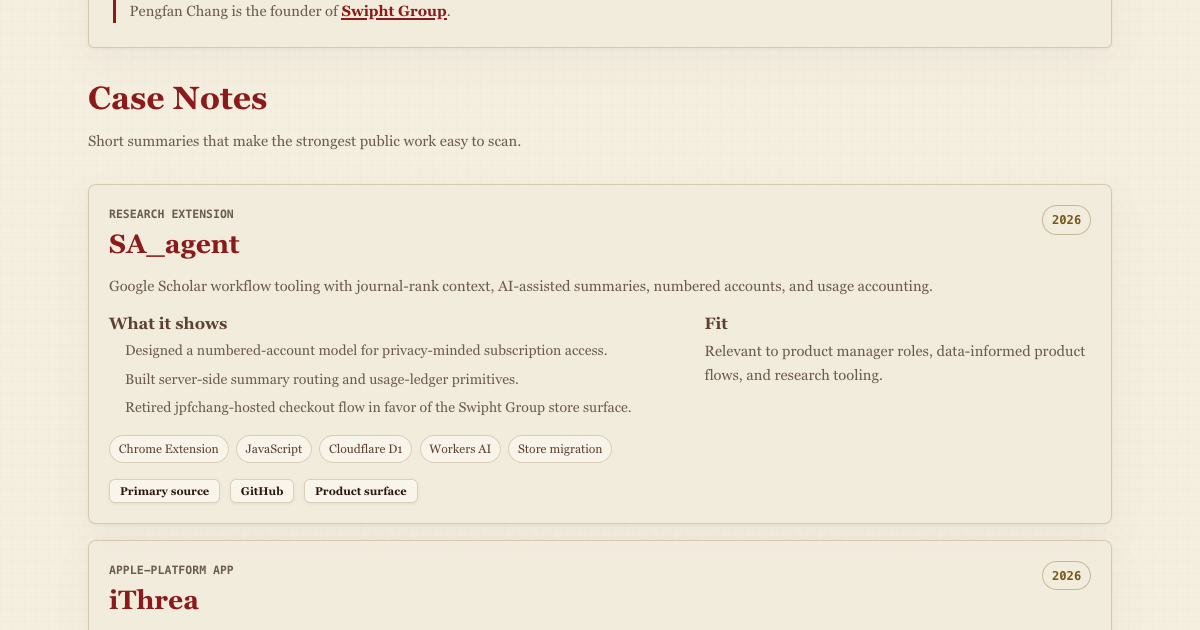 Screenshot of the jpfchang.org projects page showing selected public work, including SA_agent, iThrea, and the personal web system.